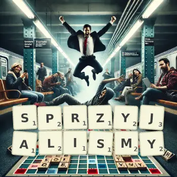 Kreatywna ilustracja do gry w Scrabble ze słowem SPRZYJALISMY ułożonym z płytek na planszy.