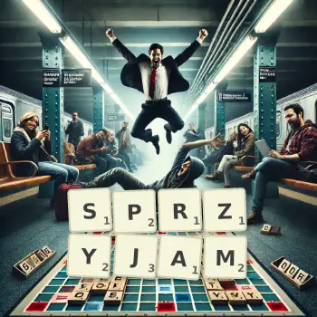 Kreatywna ilustracja do gry w Scrabble ze słowem SPRZYJAM ułożonym z płytek na planszy.