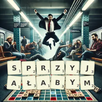 Kreatywna ilustracja do gry w Scrabble ze słowem SPRZYJAŁABYM ułożonym z płytek na planszy.