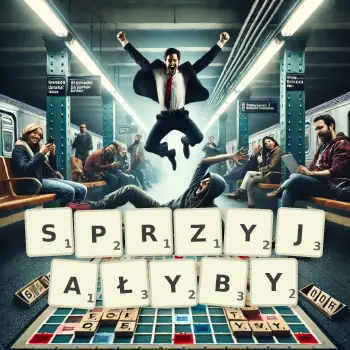 Kreatywna ilustracja do gry w Scrabble ze słowem SPRZYJAŁYBY ułożonym z płytek na planszy.