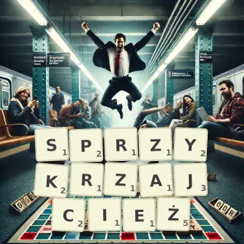 Kreatywna ilustracja do gry w Scrabble ze słowem SPRZYKRZAJCIEŻ ułożonym z płytek na planszy.