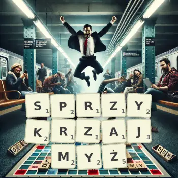 Kreatywna ilustracja do gry w Scrabble ze słowem SPRZYKRZAJMYŻ ułożonym z płytek na planszy.