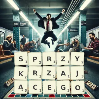Kreatywna ilustracja do gry w Scrabble ze słowem SPRZYKRZAJĄCEGO ułożonym z płytek na planszy.