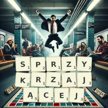 Kreatywna ilustracja do gry w Scrabble ze słowem SPRZYKRZAJĄCEJ ułożonym z płytek na planszy.