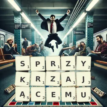 Kreatywna ilustracja do gry w Scrabble ze słowem SPRZYKRZAJĄCEMU ułożonym z płytek na planszy.