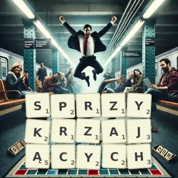 Kreatywna ilustracja do gry w Scrabble ze słowem SPRZYKRZAJĄCYCH ułożonym z płytek na planszy.
