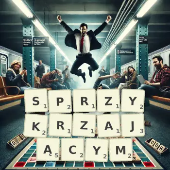 Kreatywna ilustracja do gry w Scrabble ze słowem SPRZYKRZAJĄCYM ułożonym z płytek na planszy.