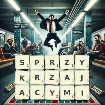 Kreatywna ilustracja do gry w Scrabble ze słowem SPRZYKRZAJĄCYMI ułożonym z płytek na planszy.