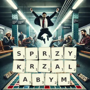 Kreatywna ilustracja do gry w Scrabble ze słowem SPRZYKRZALABYM ułożonym z płytek na planszy.