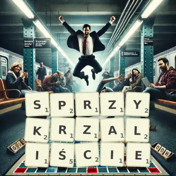 Kreatywna ilustracja do gry w Scrabble ze słowem SPRZYKRZALIŚCIE ułożonym z płytek na planszy.