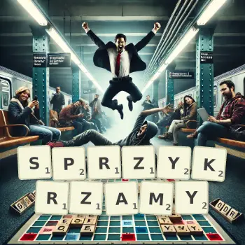 Kreatywna ilustracja do gry w Scrabble ze słowem SPRZYKRZAMY ułożonym z płytek na planszy.