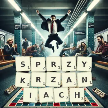 Kreatywna ilustracja do gry w Scrabble ze słowem SPRZYKRZANIACH ułożonym z płytek na planszy.