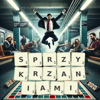Kreatywna ilustracja do gry w Scrabble ze słowem SPRZYKRZANIAMI ułożonym z płytek na planszy.