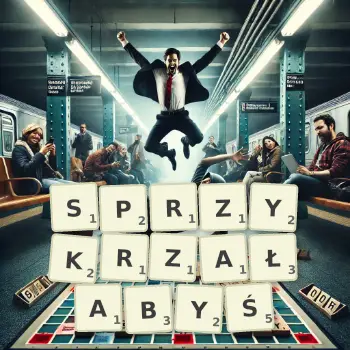 Kreatywna ilustracja do gry w Scrabble ze słowem SPRZYKRZAŁABYŚ ułożonym z płytek na planszy.