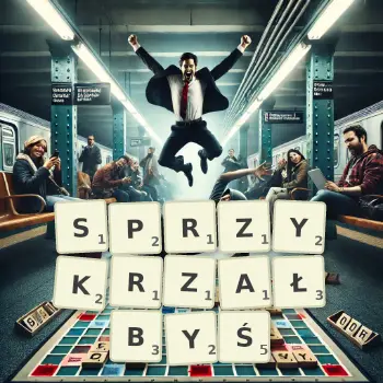 Kreatywna ilustracja do gry w Scrabble ze słowem SPRZYKRZAŁBYŚ ułożonym z płytek na planszy.