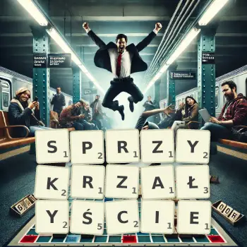Kreatywna ilustracja do gry w Scrabble ze słowem SPRZYKRZAŁYŚCIE ułożonym z płytek na planszy.