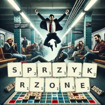 Kreatywna ilustracja do gry w Scrabble ze słowem SPRZYKRZONE ułożonym z płytek na planszy.