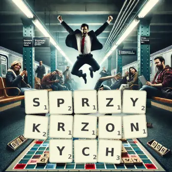 Kreatywna ilustracja do gry w Scrabble ze słowem SPRZYKRZONYCH ułożonym z płytek na planszy.