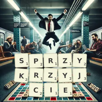Kreatywna ilustracja do gry w Scrabble ze słowem SPRZYKRZYJCIE ułożonym z płytek na planszy.