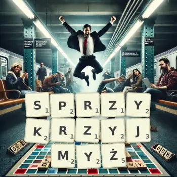 Kreatywna ilustracja do gry w Scrabble ze słowem SPRZYKRZYJMYŻ ułożonym z płytek na planszy.