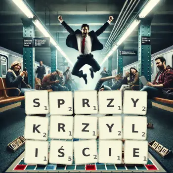 Kreatywna ilustracja do gry w Scrabble ze słowem SPRZYKRZYLIŚCIE ułożonym z płytek na planszy.