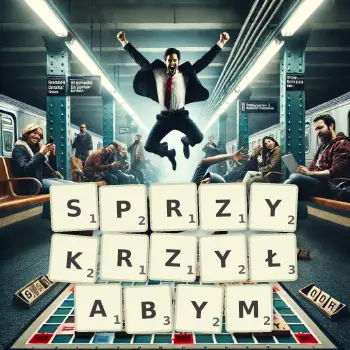 Kreatywna ilustracja do gry w Scrabble ze słowem SPRZYKRZYŁABYM ułożonym z płytek na planszy.