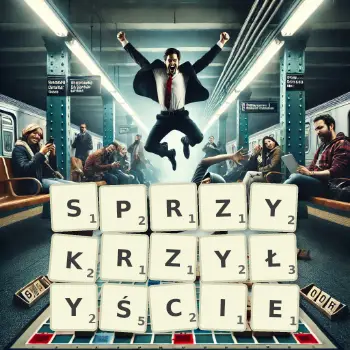 Kreatywna ilustracja do gry w Scrabble ze słowem SPRZYKRZYŁYŚCIE ułożonym z płytek na planszy.