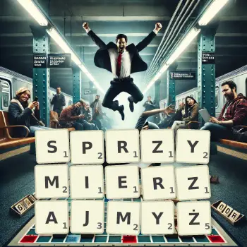 Kreatywna ilustracja do gry w Scrabble ze słowem SPRZYMIERZAJMYŻ ułożonym z płytek na planszy.