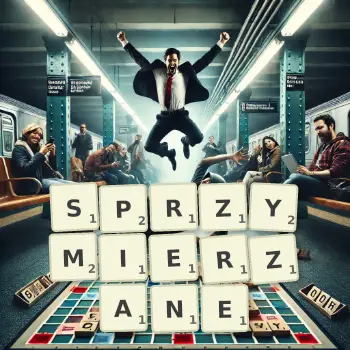 Kreatywna ilustracja do gry w Scrabble ze słowem SPRZYMIERZANE ułożonym z płytek na planszy.