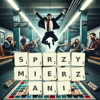 Kreatywna ilustracja do gry w Scrabble ze słowem SPRZYMIERZANI ułożonym z płytek na planszy.
