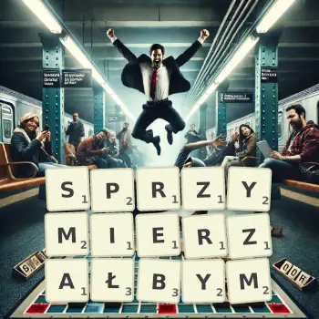 Kreatywna ilustracja do gry w Scrabble ze słowem SPRZYMIERZAŁBYM ułożonym z płytek na planszy.