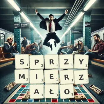 Kreatywna ilustracja do gry w Scrabble ze słowem SPRZYMIERZAŁO ułożonym z płytek na planszy.