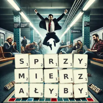 Kreatywna ilustracja do gry w Scrabble ze słowem SPRZYMIERZAŁYBY ułożonym z płytek na planszy.