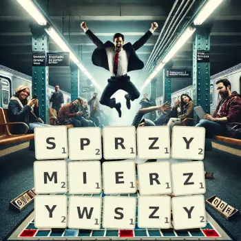 Kreatywna ilustracja do gry w Scrabble ze słowem SPRZYMIERZYWSZY ułożonym z płytek na planszy.