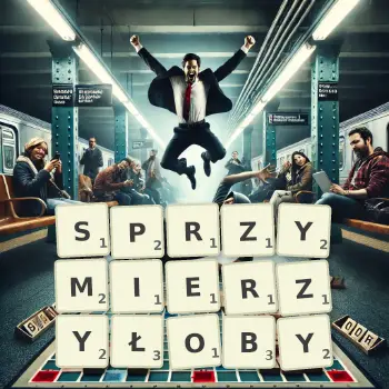 Kreatywna ilustracja do gry w Scrabble ze słowem SPRZYMIERZYŁOBY ułożonym z płytek na planszy.