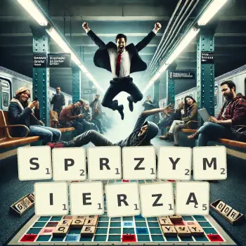 Kreatywna ilustracja do gry w Scrabble ze słowem SPRZYMIERZĄ ułożonym z płytek na planszy.