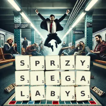 Kreatywna ilustracja do gry w Scrabble ze słowem SPRZYSIEGALABYS ułożonym z płytek na planszy.