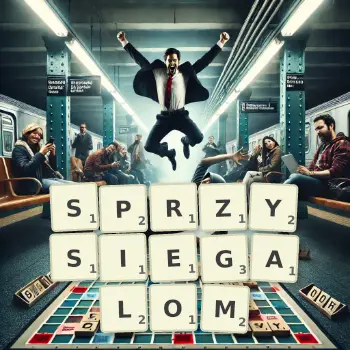 Kreatywna ilustracja do gry w Scrabble ze słowem SPRZYSIEGALOM ułożonym z płytek na planszy.