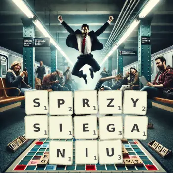 Kreatywna ilustracja do gry w Scrabble ze słowem SPRZYSIEGANIU ułożonym z płytek na planszy.