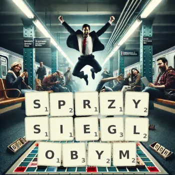 Kreatywna ilustracja do gry w Scrabble ze słowem SPRZYSIEGLOBYM ułożonym z płytek na planszy.