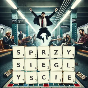 Kreatywna ilustracja do gry w Scrabble ze słowem SPRZYSIEGLYSCIE ułożonym z płytek na planszy.