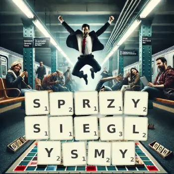 Kreatywna ilustracja do gry w Scrabble ze słowem SPRZYSIEGLYSMY ułożonym z płytek na planszy.