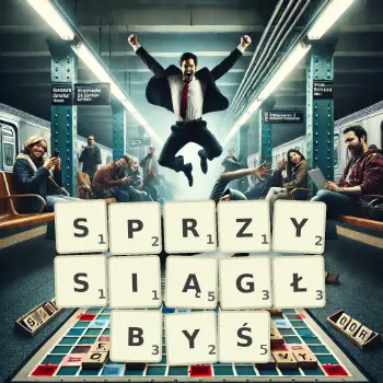 Kreatywna ilustracja do gry w Scrabble ze słowem SPRZYSIĄGŁBYŚ ułożonym z płytek na planszy.