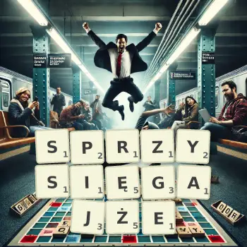 Kreatywna ilustracja do gry w Scrabble ze słowem SPRZYSIĘGAJŻE ułożonym z płytek na planszy.