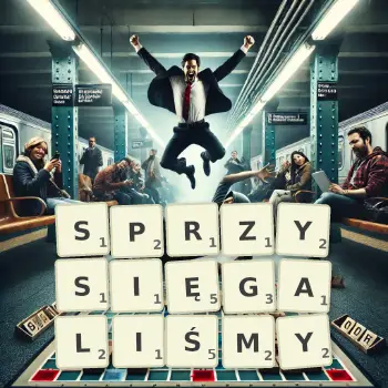 Kreatywna ilustracja do gry w Scrabble ze słowem SPRZYSIĘGALIŚMY ułożonym z płytek na planszy.