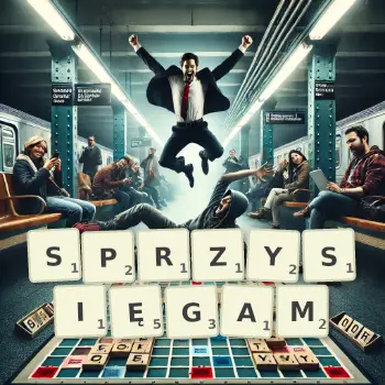 Kreatywna ilustracja do gry w Scrabble ze słowem SPRZYSIĘGAM ułożonym z płytek na planszy.