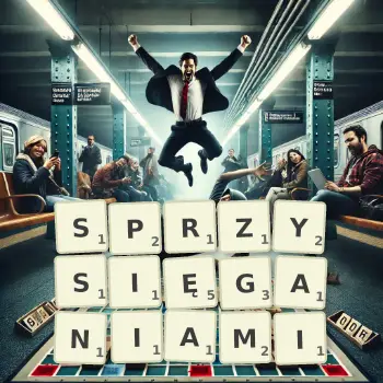 Kreatywna ilustracja do gry w Scrabble ze słowem SPRZYSIĘGANIAMI ułożonym z płytek na planszy.