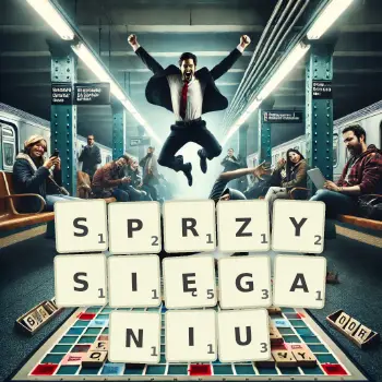 Kreatywna ilustracja do gry w Scrabble ze słowem SPRZYSIĘGANIU ułożonym z płytek na planszy.