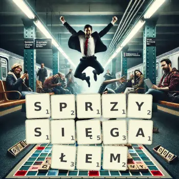 Kreatywna ilustracja do gry w Scrabble ze słowem SPRZYSIĘGAŁEM ułożonym z płytek na planszy.