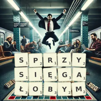 Kreatywna ilustracja do gry w Scrabble ze słowem SPRZYSIĘGAŁOBYM ułożonym z płytek na planszy.